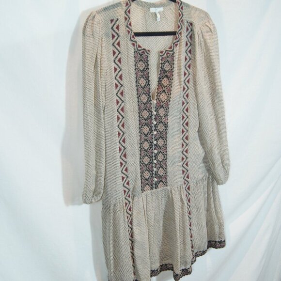 Joie | 100 % Silk Boho Peasant Dress Beige Black Embroidered | Size S - Picture 8 of 8
